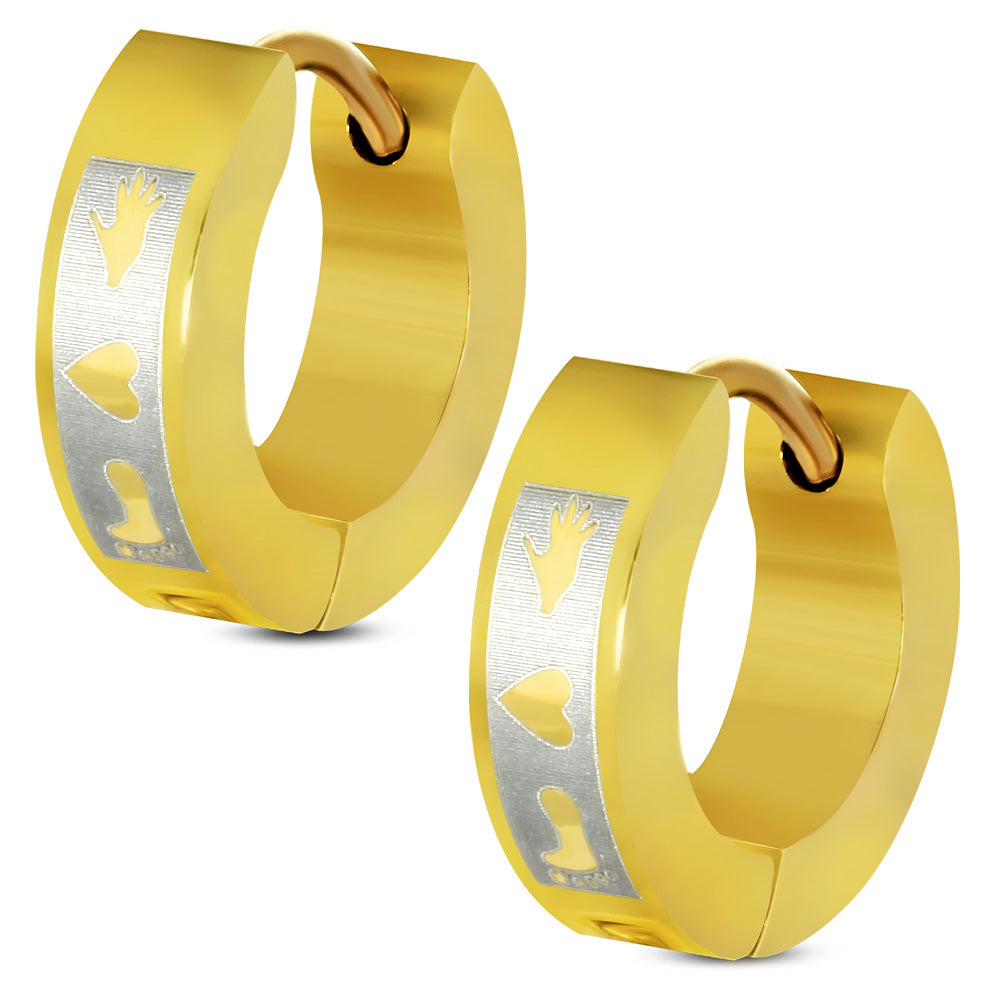 4mm | Gold Color Plated Stainless Steel Laser Love Heart Hoop Huggie Earrings (Pair)