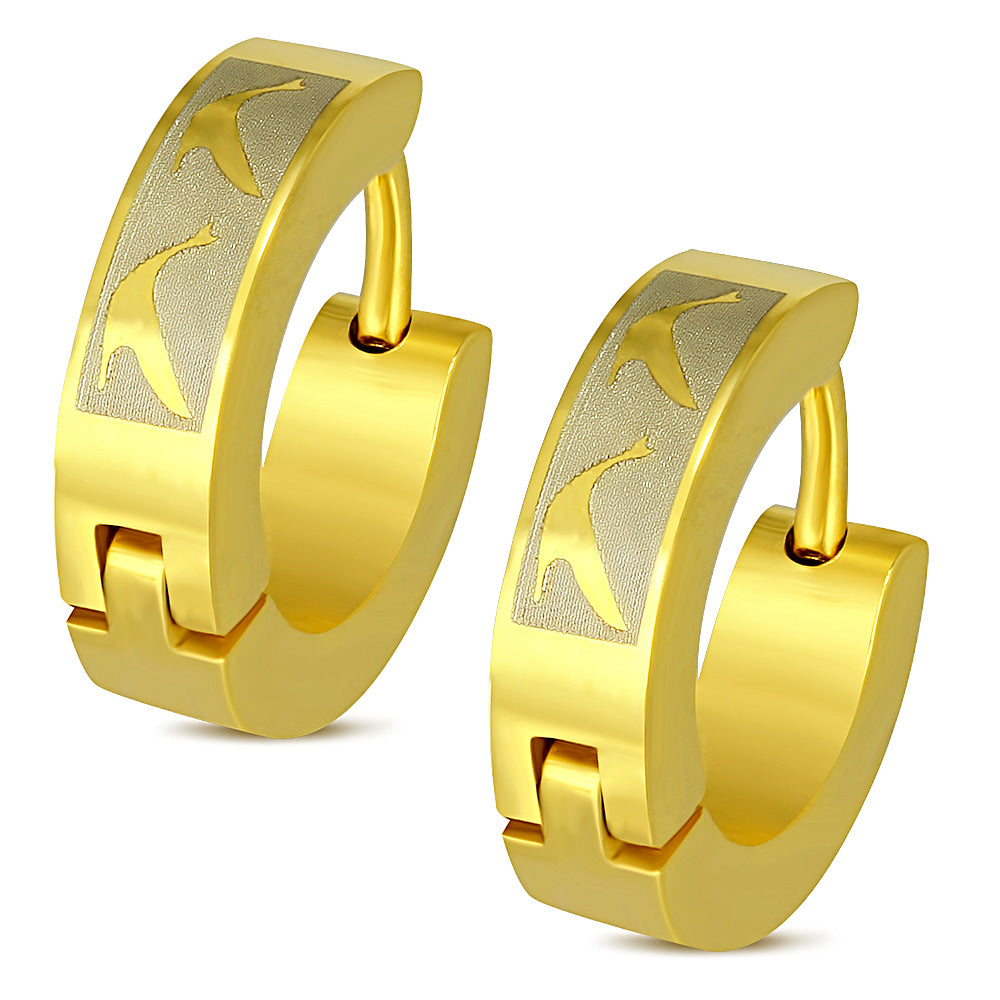 4mm | Gold Color Plated Stainless Steel Laser Bird Hoop Huggie Earrings (Pair) | CRCT