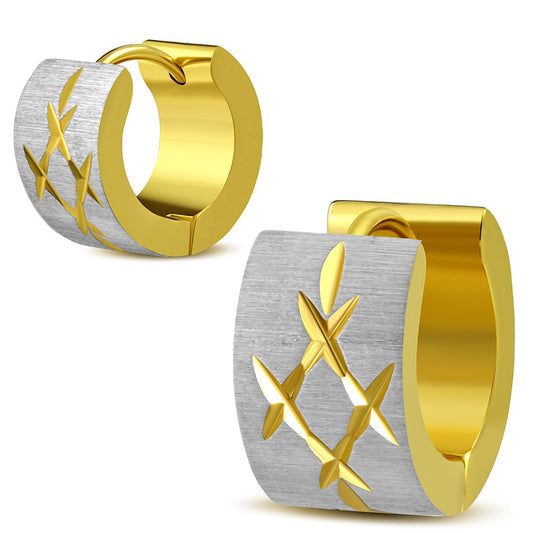 7mm | Stainless Steel Satin Finished 2-tone Diamond-Cut Criss-Cross Hoop Huggie Earrings (pair)