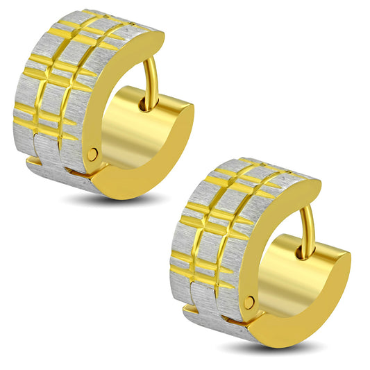 7mm | Stainless Steel Satin Finished 2-tone Diamond-Cut Grid Hoop Huggie Earrings (pair)