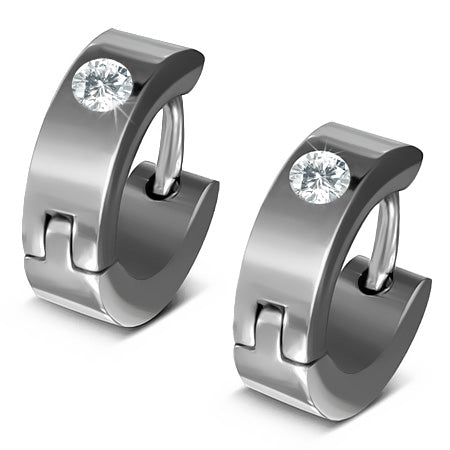 4mm | Stainless Steel Hoop Huggie Earrings w/ Clear CZ (pair)