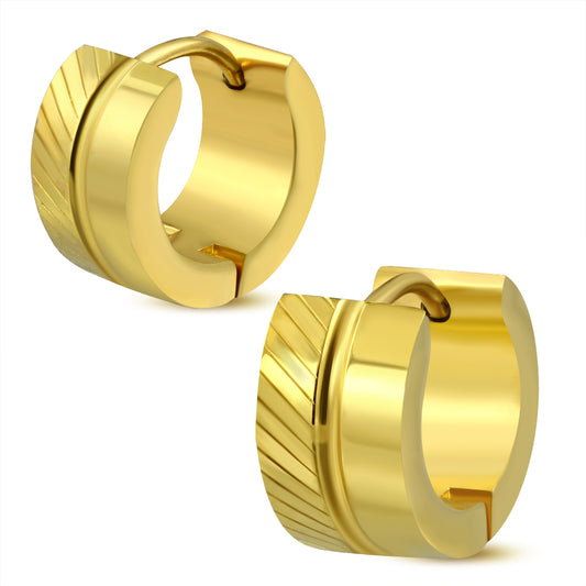 7mm | Gold Color Plated Stainless Steel Diagonal Hoop Huggie Earrings (pair)