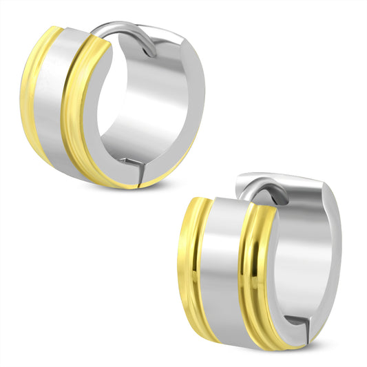 7mm | Stainless Steel 2-tone Step Edge Hoop Huggie Earrings (pair)