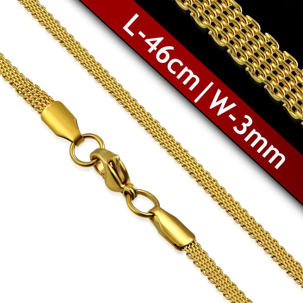 L46cm W3mm | Gold Color Plated Stainless Steel Lobster Claw Clasp Flat Mesh Link Chain