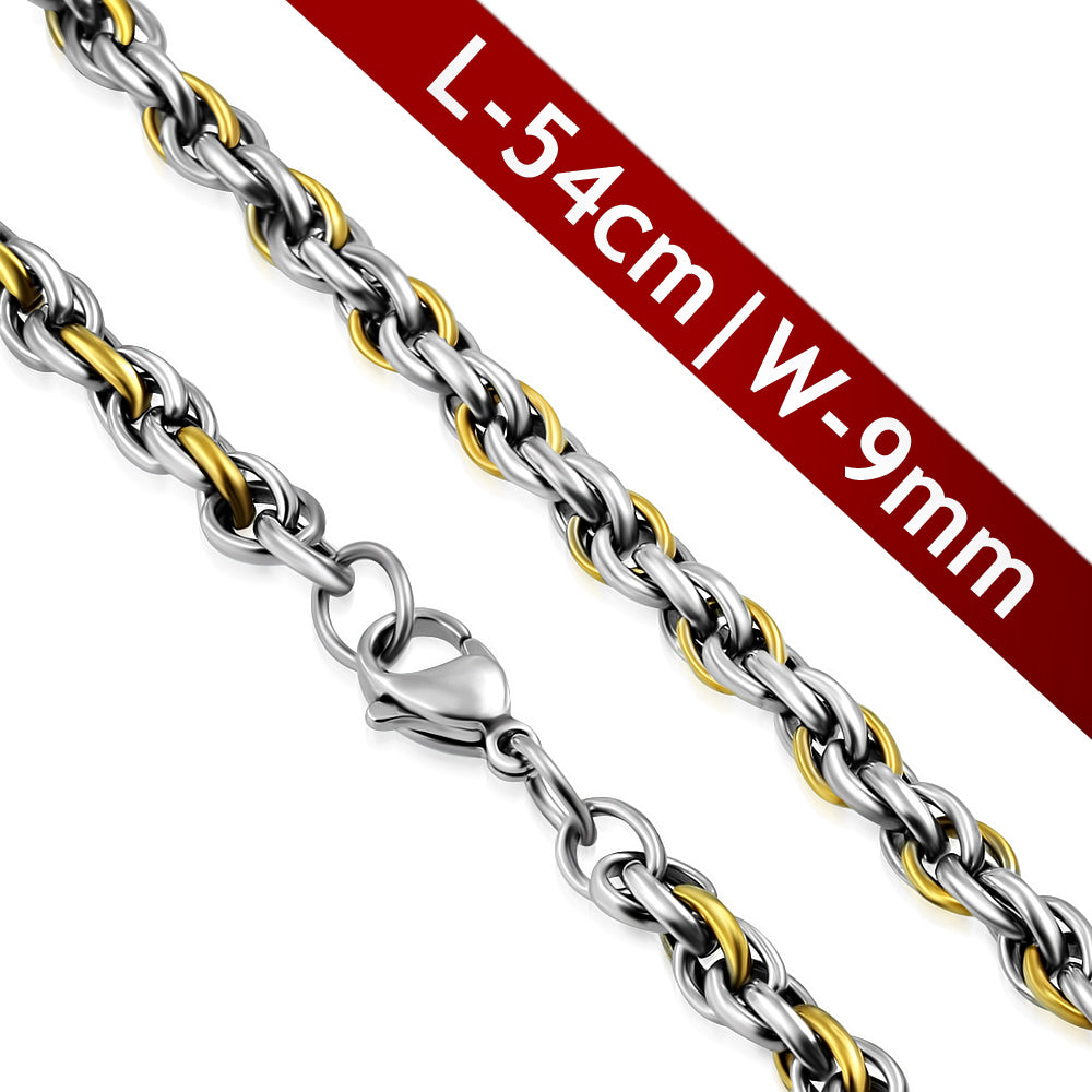 L54cm W9mm | Stainless Steel 2-tone Lobster Claw Clasp Elliptical Link Chain