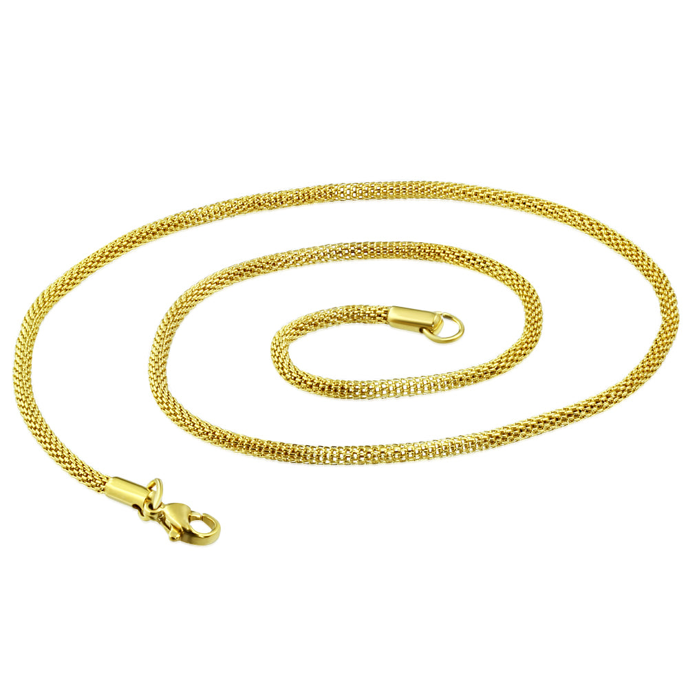 L45cm W2.5mm | Gold Color Plated Stainless Steel Lobster Claw Clasp Round Mesh Link Chain
