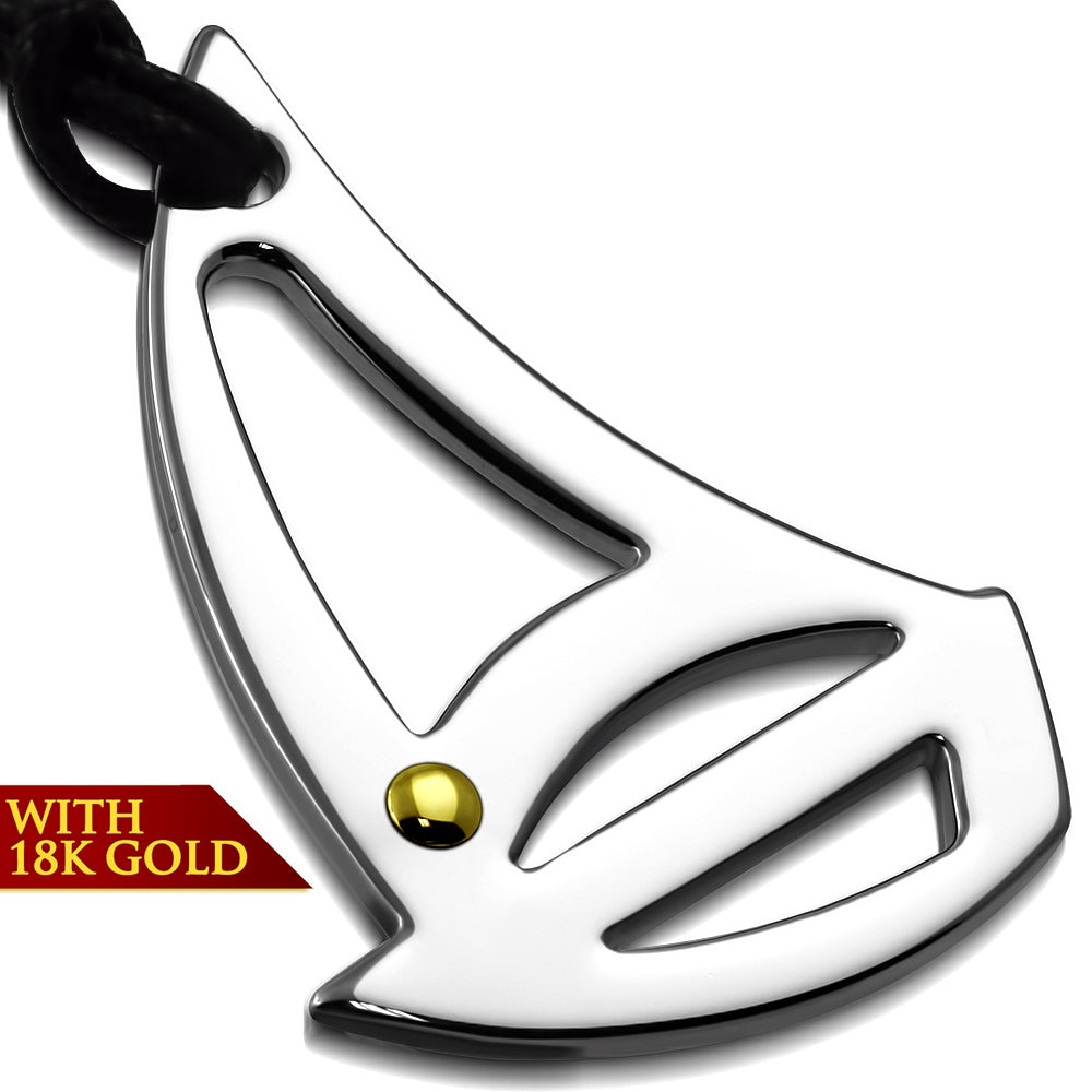 Stainless Steel 2-tone Sail Boat Charm Pendant w/ 18 Karats Yellow Gold Adjustable Black String Cord Necklace