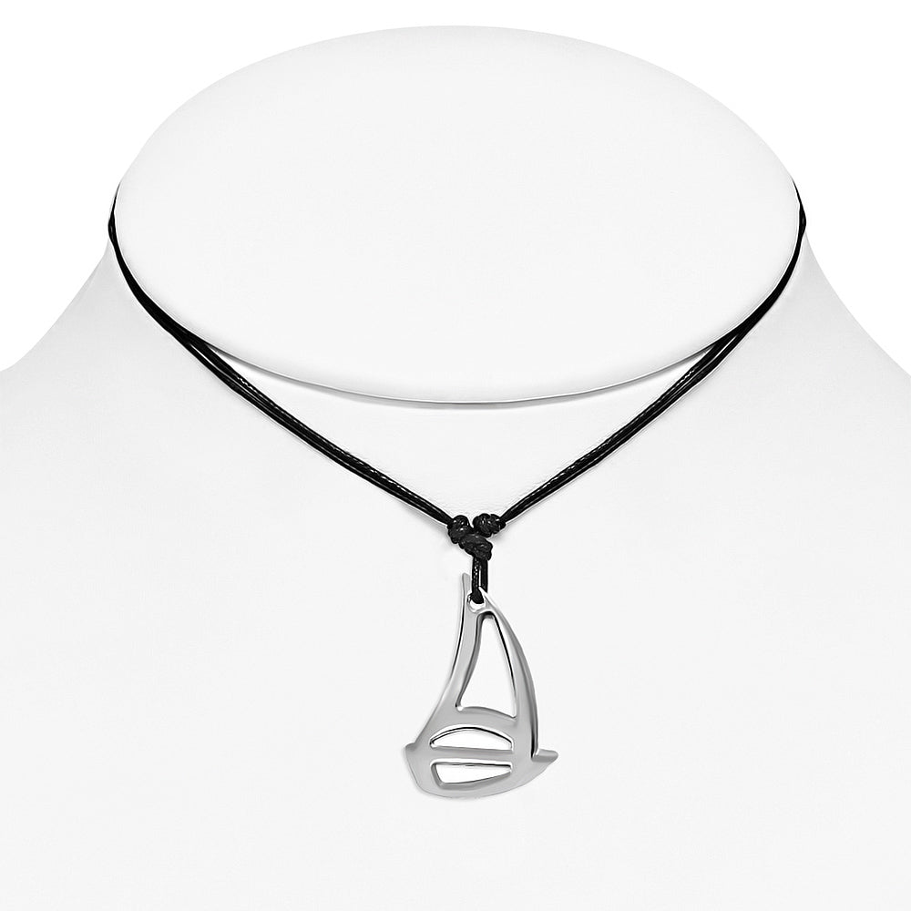 Stainless Steel Sail Boat Charm Pendant Adjustable Black String Cord Necklace