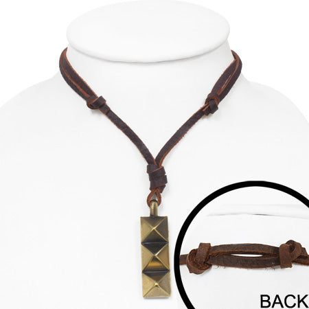 Fashion Alloy Row of Pyramid Tag Adjustable Brown Leather Biker Necklace