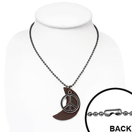 Fashion Alloy Peace Sign Half-Moon Crescent Brown Leather Charm Military Ball Link Chain Biker Necklace