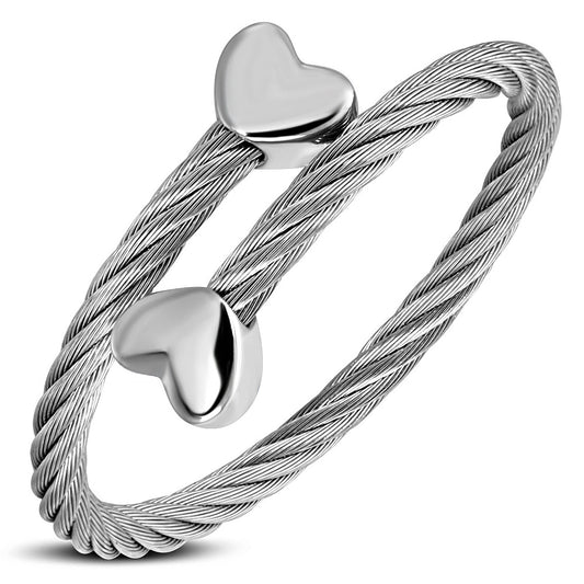 Stainless Steel Celtic Twisted Cable Wire Torc Cuff Bangle w/ Alloy Heart End Caps