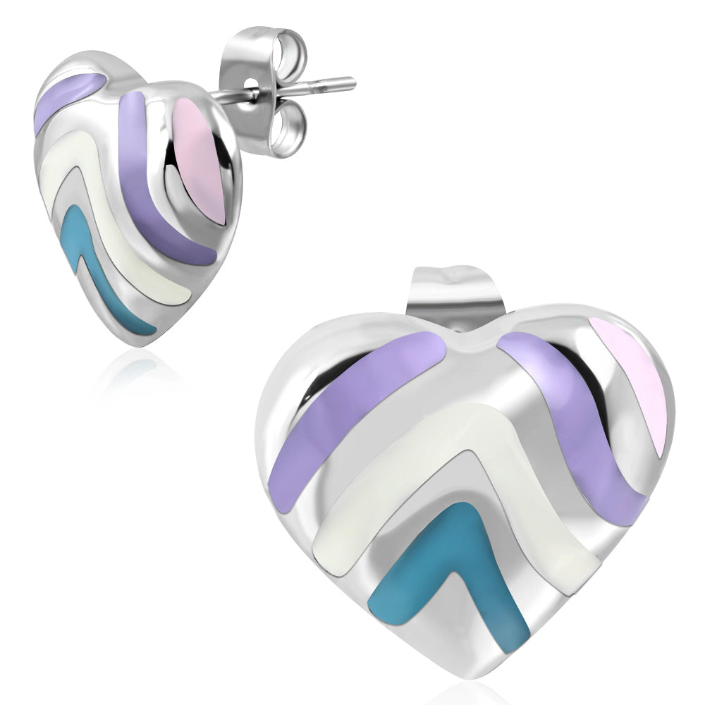 Stainless Steel Multi Color Enameled Fancy Love Heart Stud Earrings (pair)