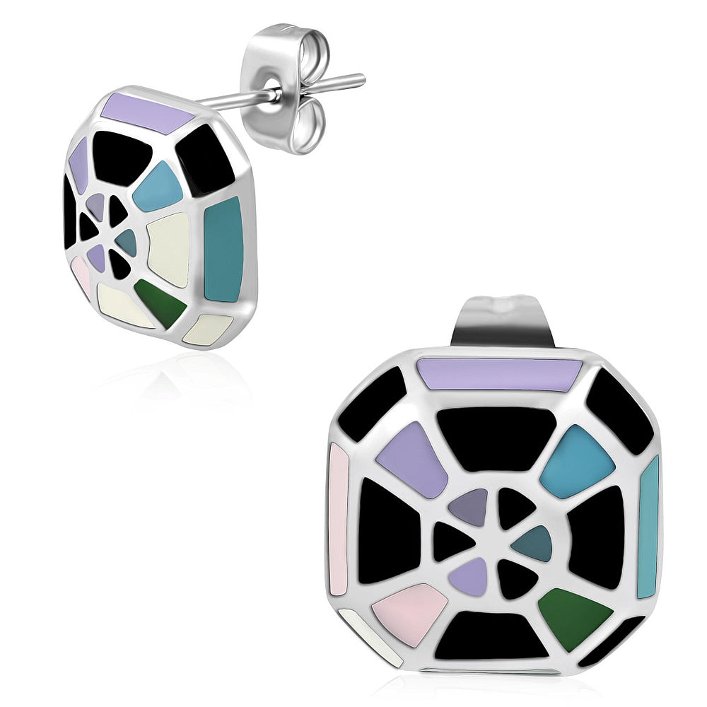 Stainless Steel Multi Color Enameled Fancy Octagon Circle Stud Earrings (pair)