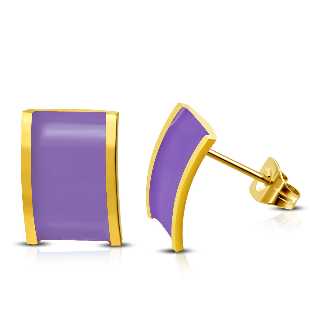 Gold Color Plated Stainless Steel Purple/ Violet Enameled Rectangle Stud Earrings (Pair)