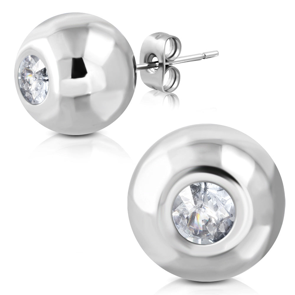 14mm | Stainless Steel BezelSet Round Circle Stud Earrings w/ Clear CZ (pair)