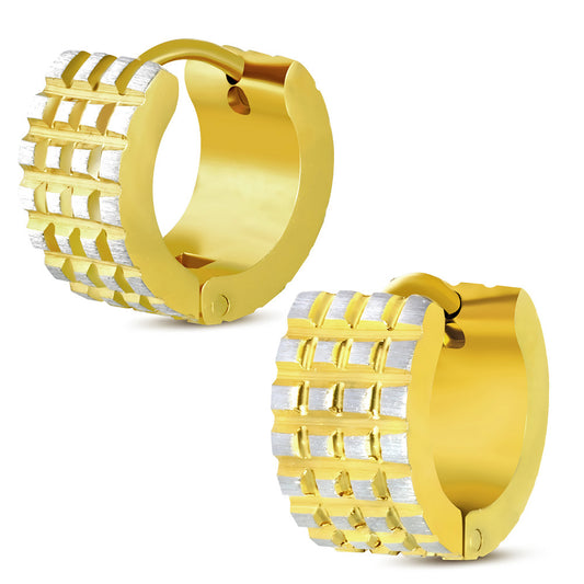 7mm | Gold Color Plated Stainless Steel Satin Finished 2-tone Diamond-Cut Grid Hoop Huggie Earrings (pair)