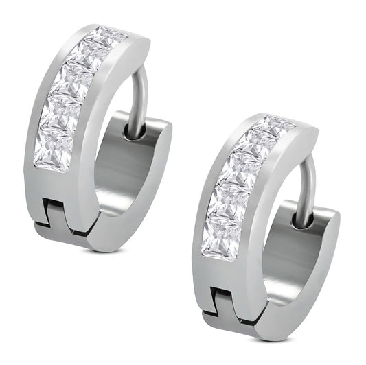 Stainless Steel Hoop Huggie Earrings w/ Baguette Clear CZ (pair)