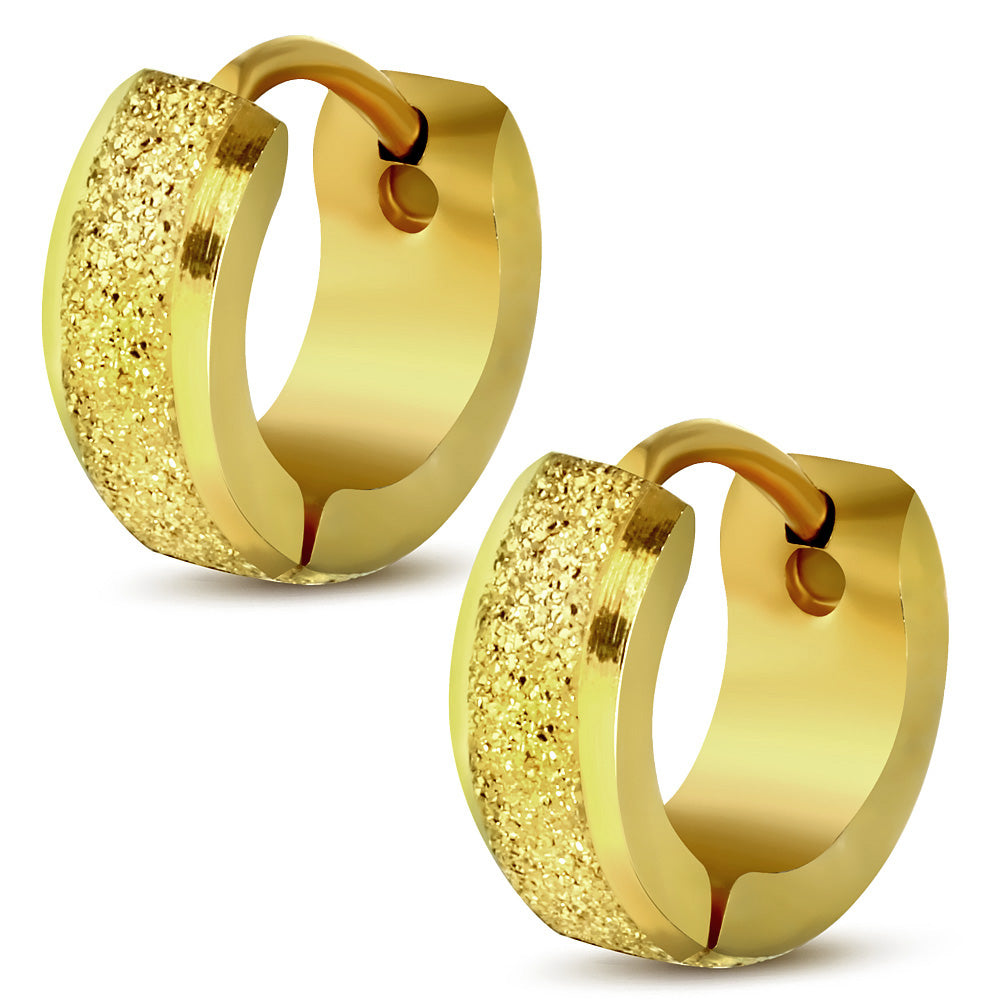 10x4mm | Gold Color Plated Stainless Steel Sandblasted Beveled Edge Hoop Huggie Earrings (pair)