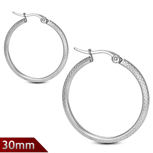 30mm | Stainless Steel Grid/ Checker Hoop Clip Back Earrings (pair)