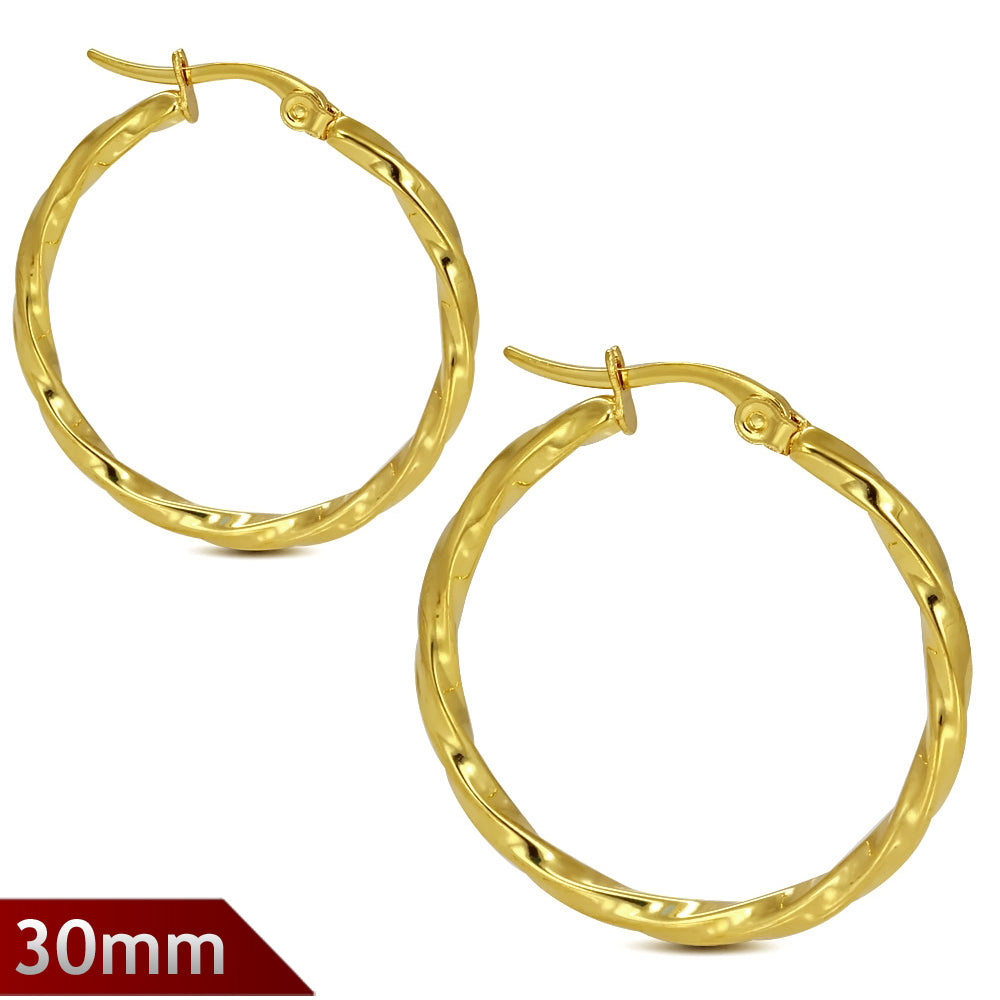 30mm | Gold Color Plated Stainless Steel Twisted Hoop Clip Back Earrings (pair)