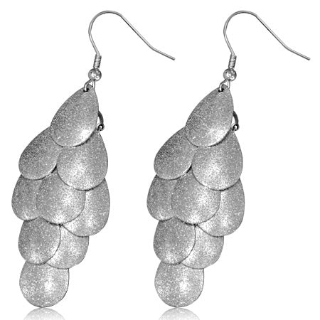 Stainless Steel Cluster Sandblasted Long Teardrop Hook Earrings (pair)