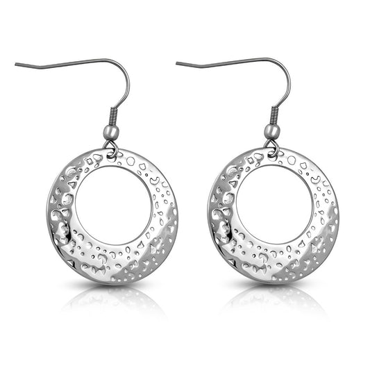 Stainless Steel Hammered Finish Circle Long Drop Hook Earrings (pair)