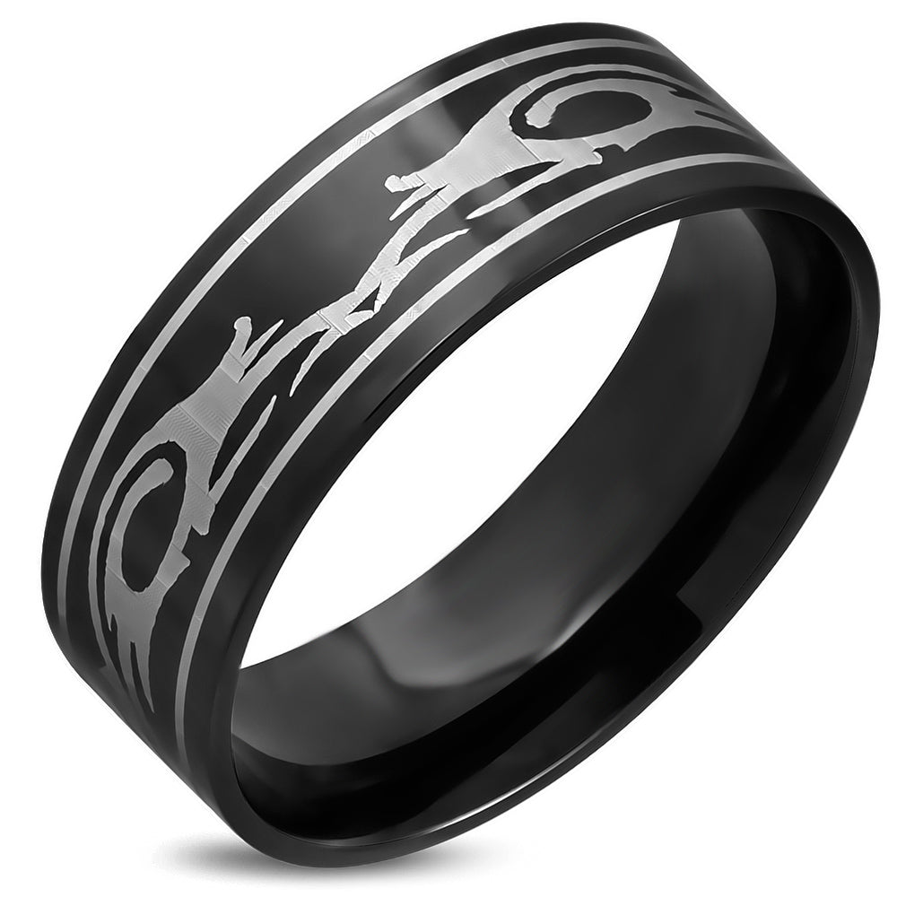 8mm | Black Stainless Steel 2­-tone Tribal Design Comfort Fit  Flat Band Ring ­