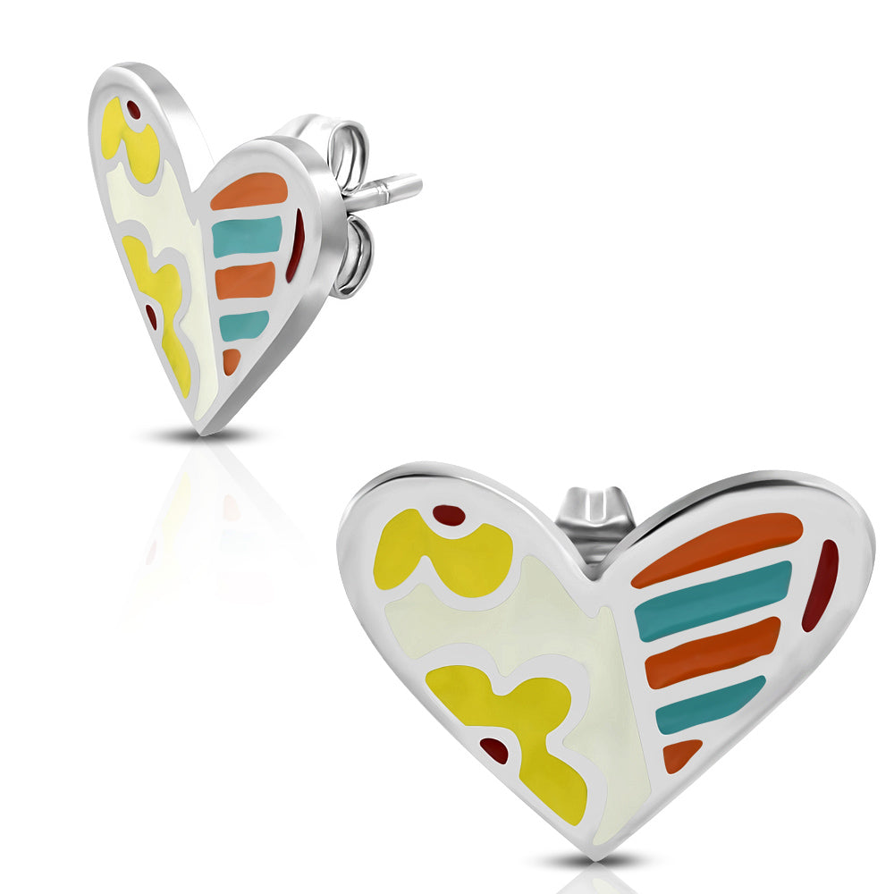 Stainless Steel Enameled Colorful Flower Love Heart Stud Earrings (pair)