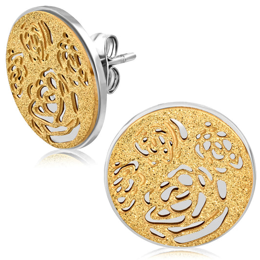 Stainless Steel Sandblasted 2-tone Filigree Rose Flower Circle Stud Earrings (pair)