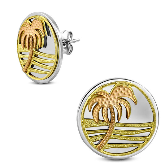 Stainless Steel Sandblasted 3-tone Wave Coconut Tree Beach Circle Stud Earrings (pair)