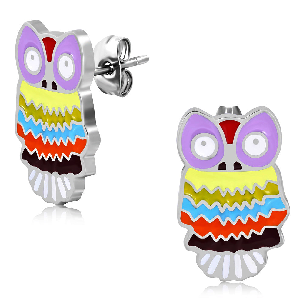 Stainless Steel Enameled Colorful Owl Stud Earrings (pair) | CRCT
