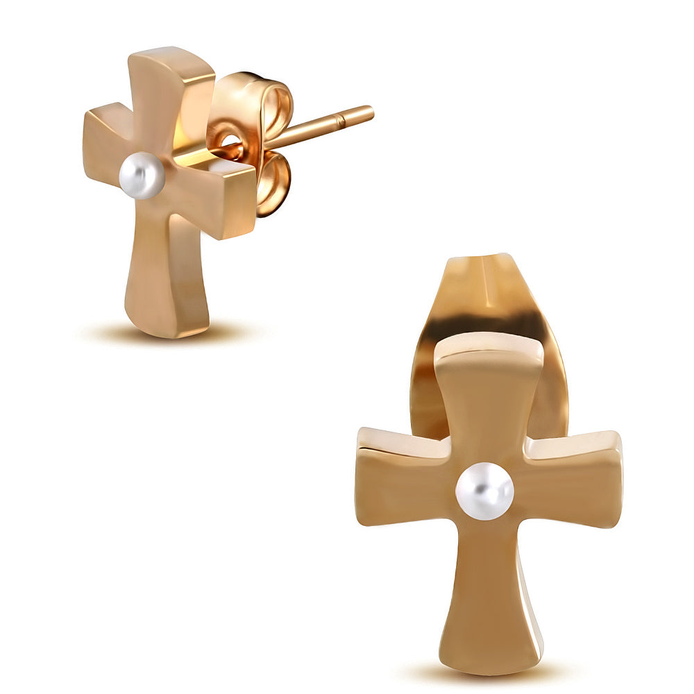 Rose/ Pink Gold Color Plated Stainless Steel Cross Stud Earrings (pair)