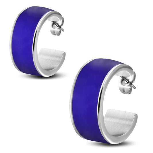 10mm | Stainless Steel Purple/ Violet Enameled Wide Half-Hoop Stud Earrings (pair)