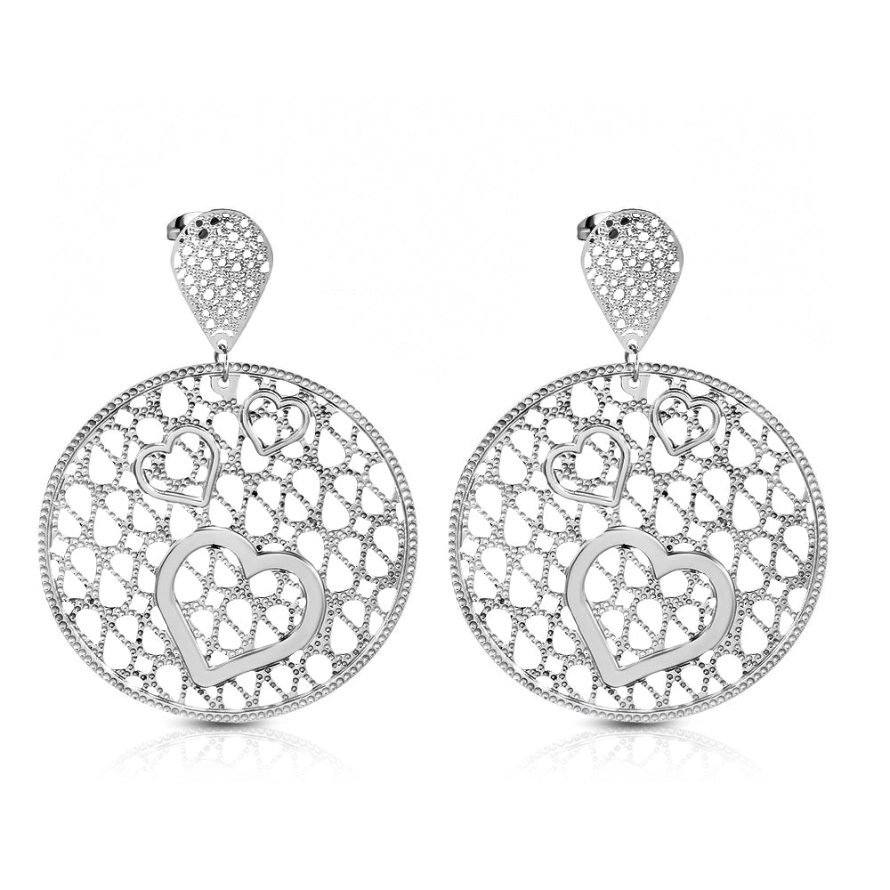 Stainless Steel Open Love Heart Journey Filigree Circle Disc Charm Long Drop Stud Earrings (pair)