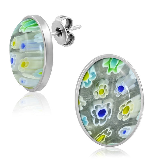 Stainless Steel Glass Flower Oval Stud Earrings (pair)