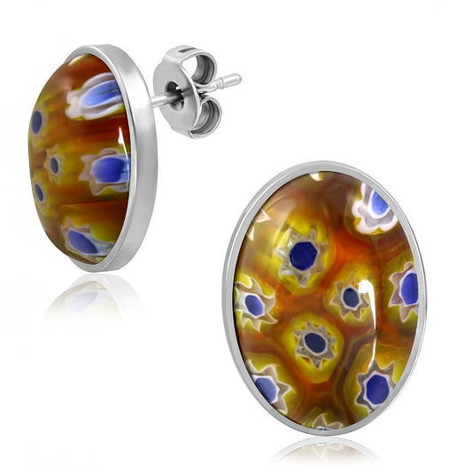 Stainless Steel Glass Flower Oval Stud Earrings (pair)