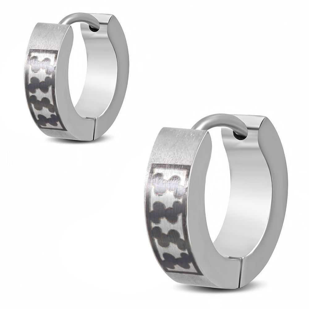 4mm | Stainless Steel 2-tone Laser Geometric Hoop Huggie Earrings (pair)