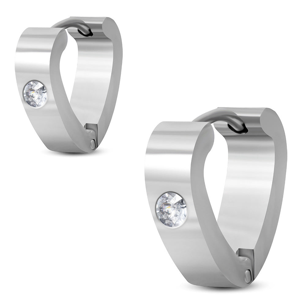 4mm | Stainless Steel Triangle Hoop Huggie Earrings w/ Clear CZ (pair)