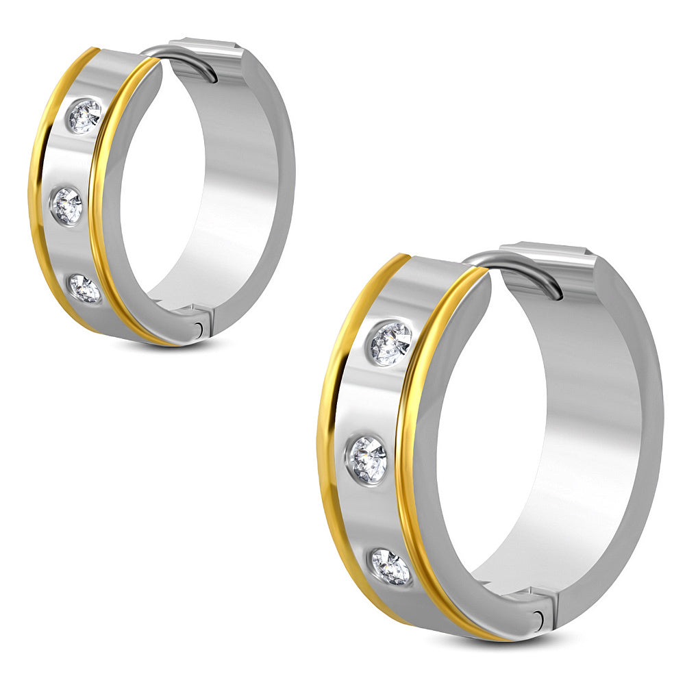 6mm | Stainless Steel 2-tone Hoop Huggie Earrings w/ Clear CZ (pair)