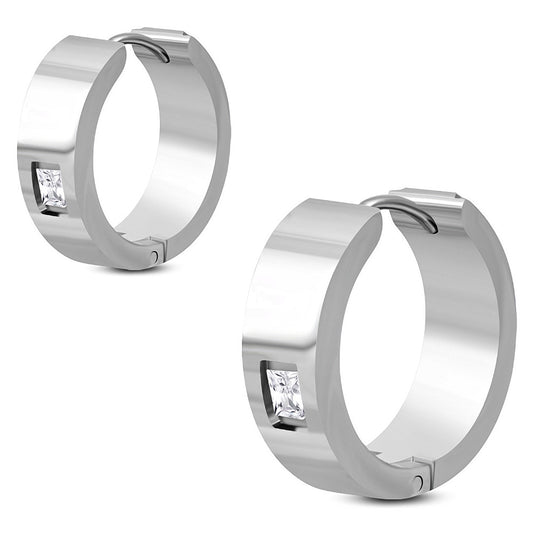 7mm | Stainless Steel Hoop Huggie Earrings w/ Square Clear CZ (pair)