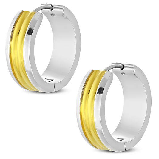7mm | Stainless Steel 2-tone Ribbed Hoop Huggie Earrings (pair)