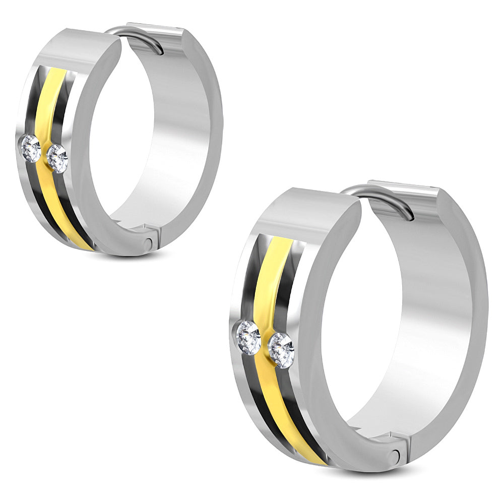 7mm | Stainless Steel 2-tone Cutout Hoop Huggie Earrings w/ Clear CZ (pair)