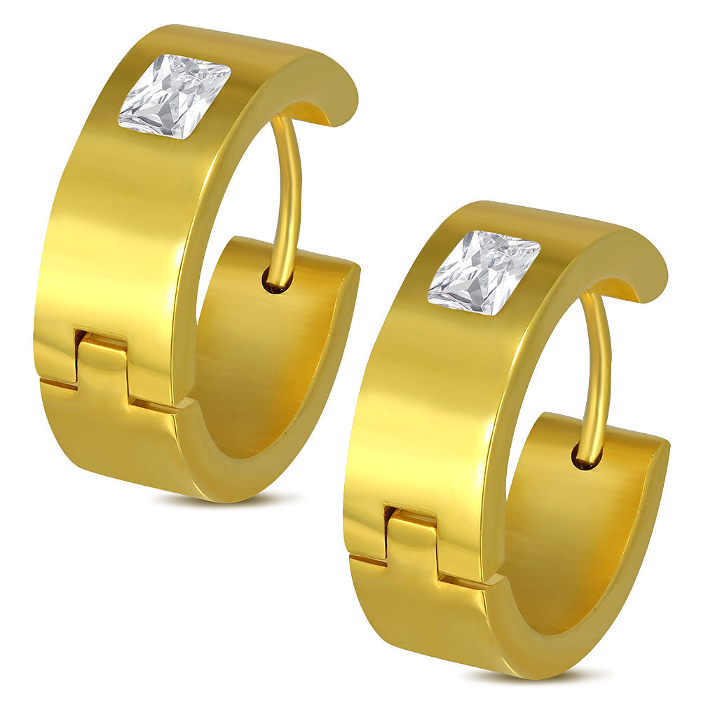 7mm | Gold Color Plated Stainless Steel Hoop Huggie Earrings w/ Square Clear CZ (pair)