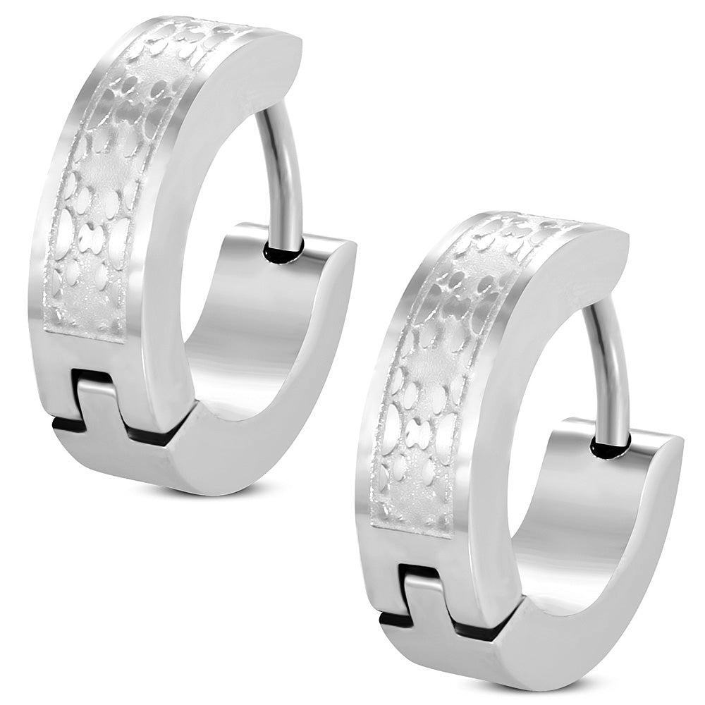 4mm | Stainless Steel Engraved Stone-Style Hoop Huggie Earrings (pair)