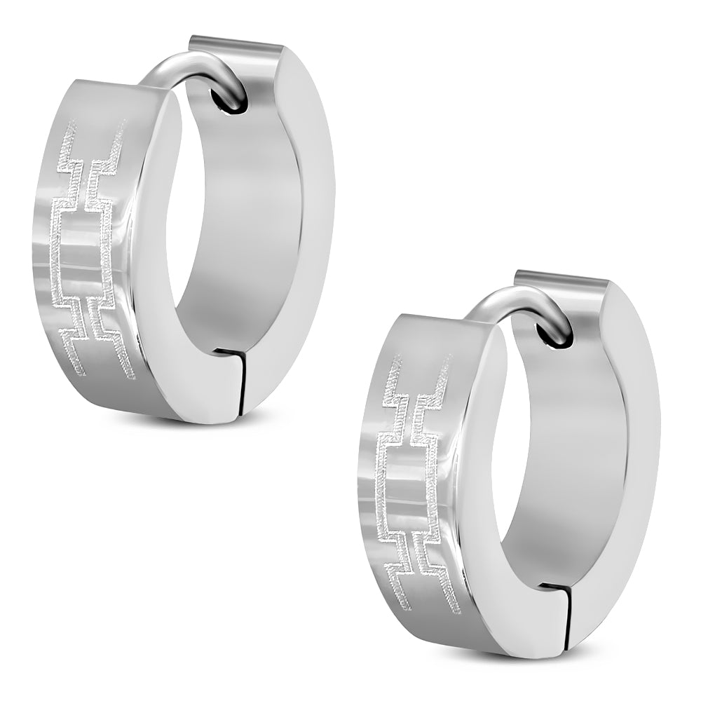 4mm | Stainless Steel Laser Print Greek Key Hoop Huggie Earrings (pair)