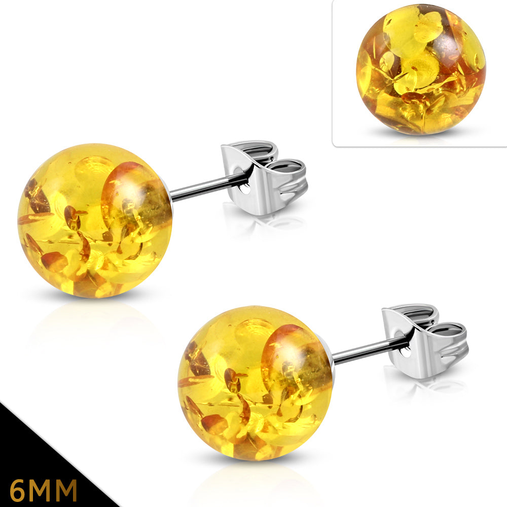 6mm | Stainless Steel Ball Synthetic Amber Stones Stud Earrings (pair)