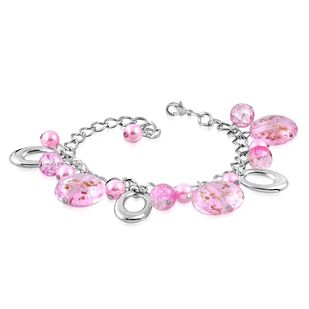 Fashion Alloy Pink Pearl Glass Bead Oval Charm Link Chain Bracelet