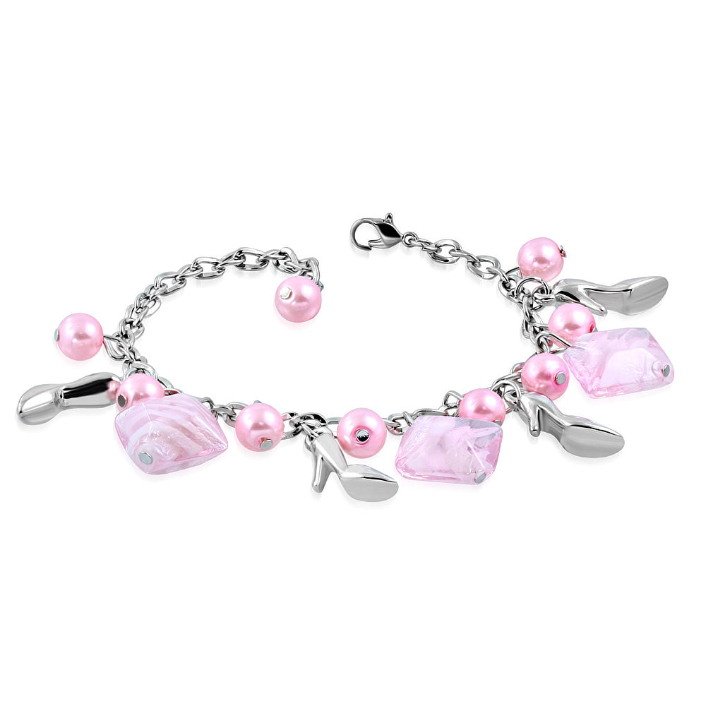 Fashion Alloy Pink Pearl Glass Bead Square Lady Shoes Charm Link Chain Bracelet