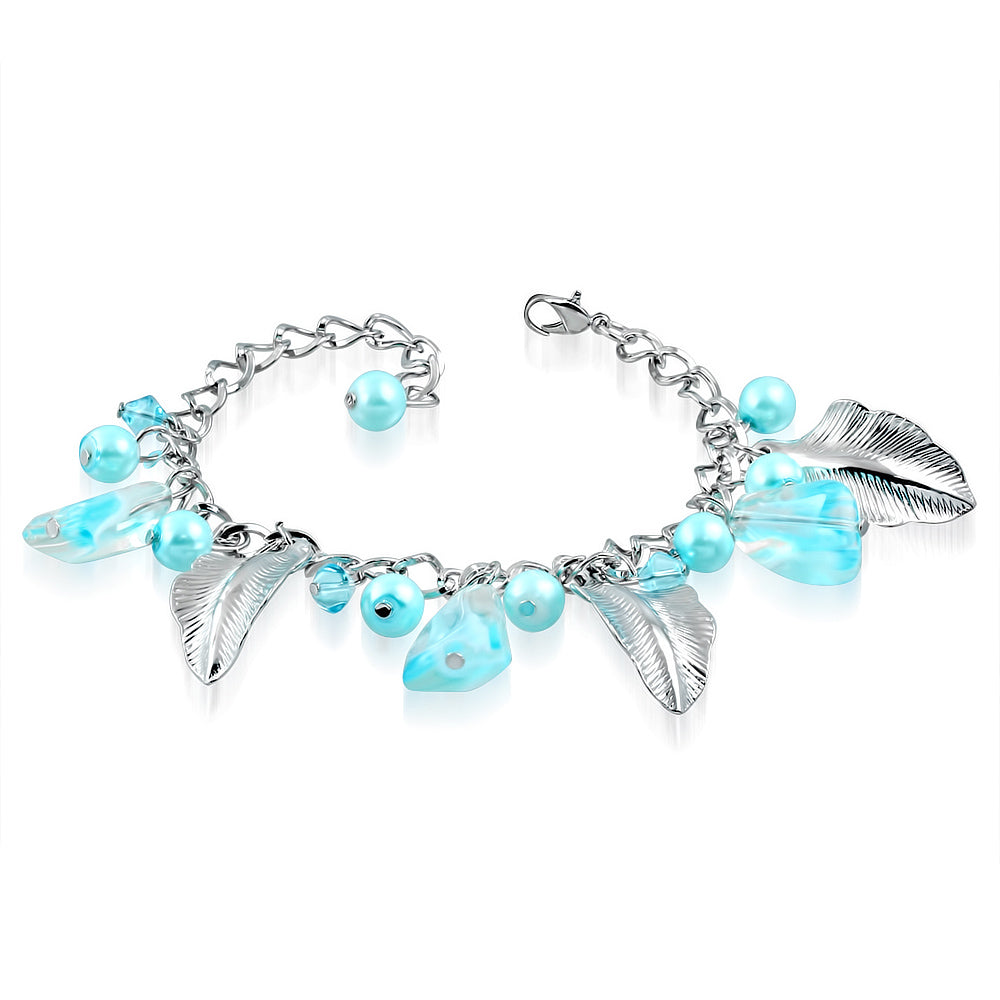 Fashion Alloy Sky Blue Pearl Glass Bead Feather Leaf Charm Link Chain Bracelet