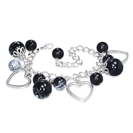 Fashion Alloy Black Pearl Glass Bead Ball Open Love Heart Oval Charm Link Chain Bracelet